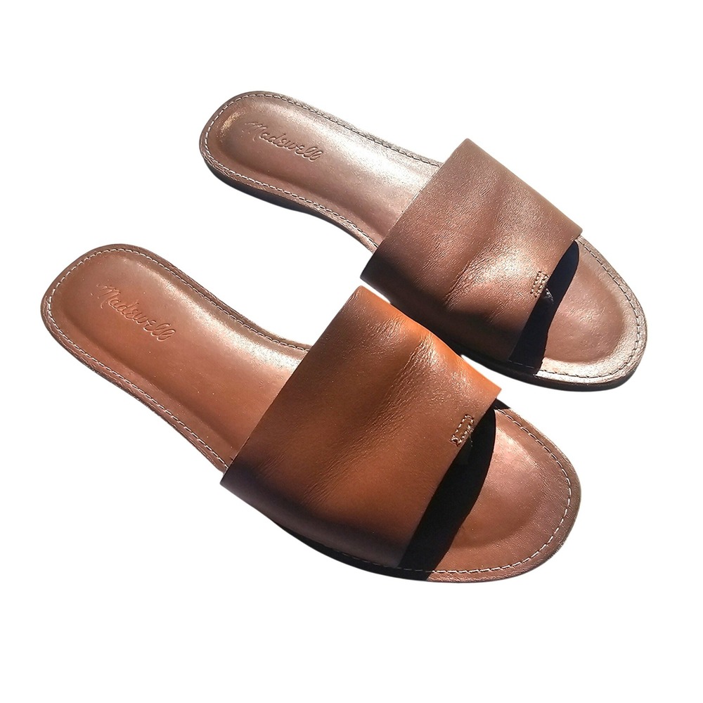 Madewell The Boardwalk Post Slide Sandals English Saddle Brown Leather 9.5